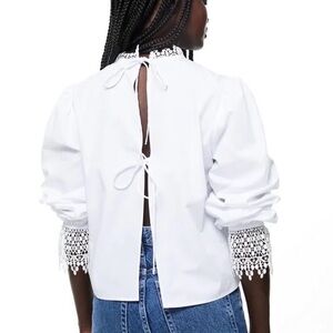 H&M White Lace-Trim Back Tie Blouse